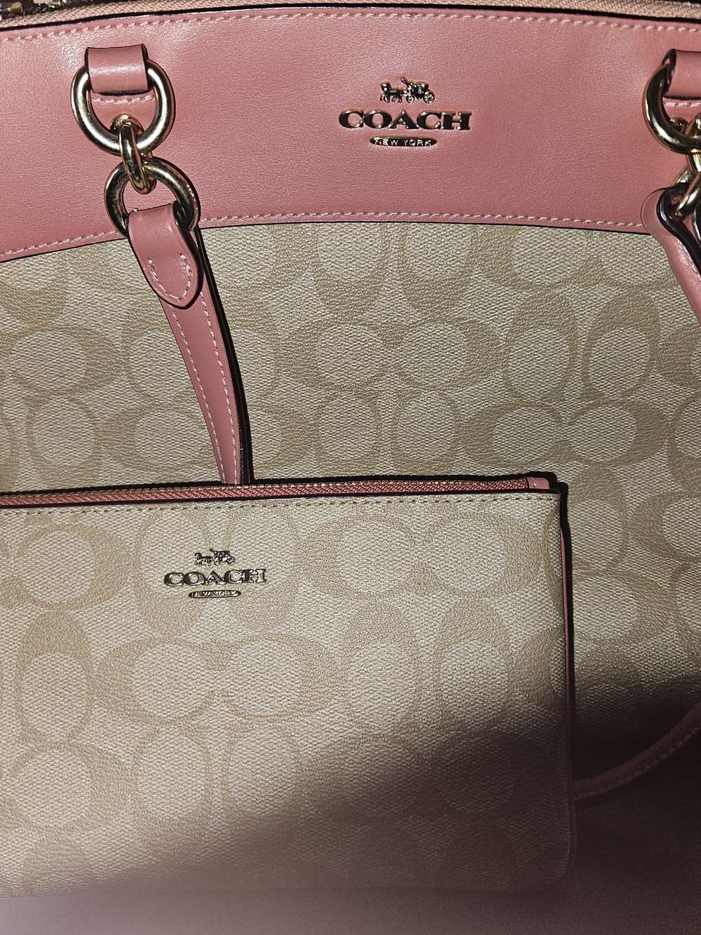 Coach Beige Signature Canvas Tote with Pink Leather Trim